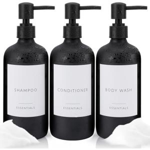 Shower Soap Dispenser Set of 3 Plastic 21oz Shampoo and Conditioner Bottles with Pump and Labels Bathroom Soap Dispenser Set Easy to Refill Body Wash for Bathroom Decor 2cc (Black)