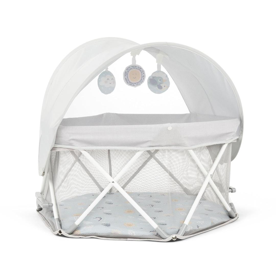 My Play Baby Portable Infant Bassinet, Indoor Outdoor UPF 50+ Canopy, Mesh Sides, 29x14 Inches, Foldable Travel Playard with Toys, Padded Base, Newborn to 15 Pounds