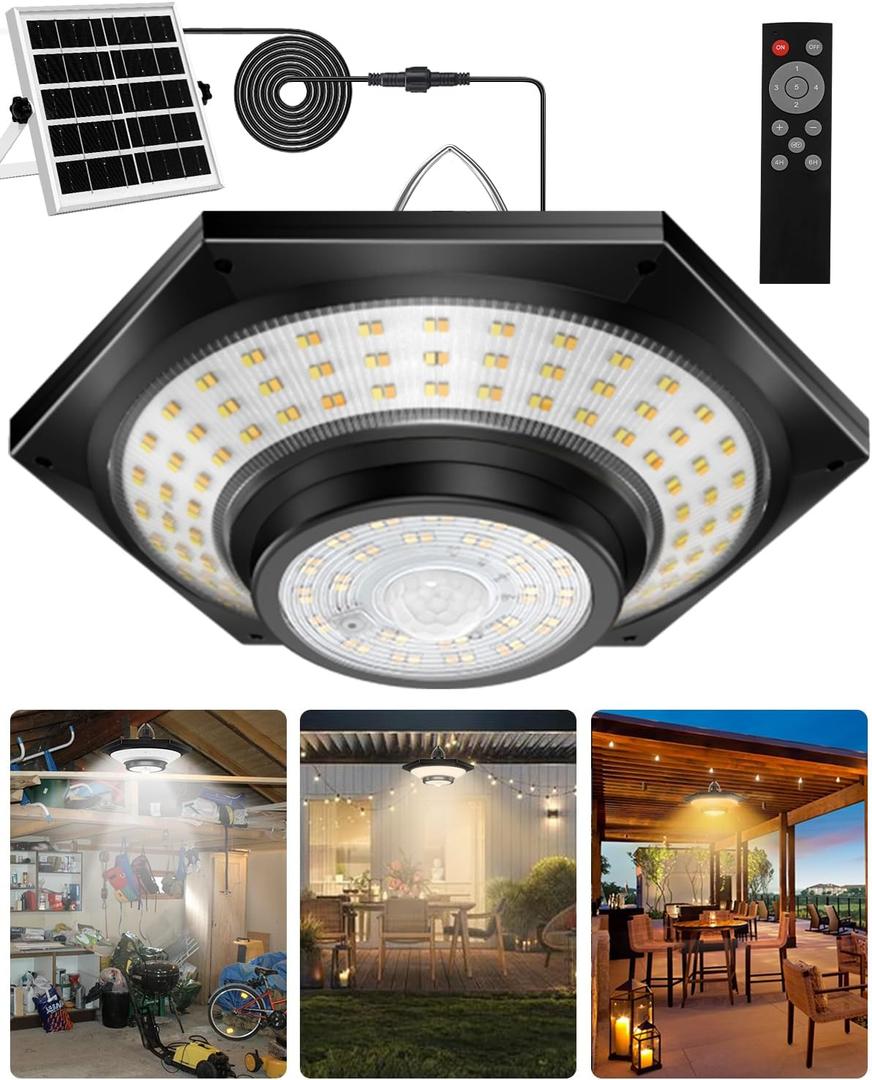 Solar Shed Light Outdoor Indoor, 228LED Solar Indoor Lights Daytime  3 Color Temperature/Motion Sensor/5 Lighting Modes for Shed, Gazebo, Garage (Black-1Pack)