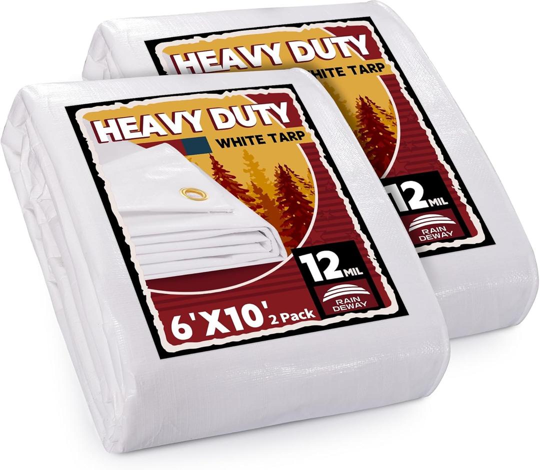RAINDEWAY 12 Mil Heavy Duty White Tarp 6x10 Feet (2 Pack), UV Resistant, Waterproof, Weatherproof Poly Tarp with Metal Grommets and Reinforced Edges