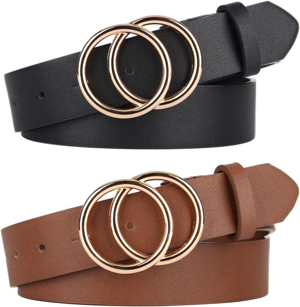 UnFader Pack 2 Women Belts for Jeans with Fashion Double O-Ring Buckle and Faux Leather (S: Fits Waist Size from 25"-30")