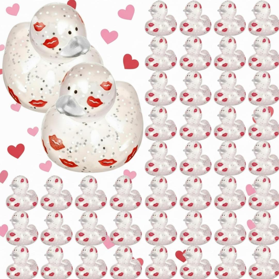 2 x DEEKIN 24 Pcs Valentine Glitter Rubber Ducks 2" Pink Ducks Valentine Party Favors Decorations for Lovers Anniversary Celebration Couples Gift