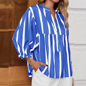 Womens Puff Sleeve Babydoll Tops Summer V Neck Striped Blouse Cute Casual Loose Fit Flowy Shirts (S, Blue)