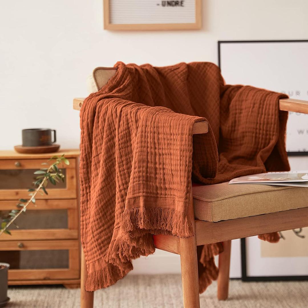 Simple&Opulence Cotton Muslin Throw Blanket for Bed, Couch, Knit Woven Gauze Blanket with Tassels, Soft Lightweight Cozy Pre-Washed Breathable Farmhouse Decoration for All-Season (Rust Orange), 50"x60"
