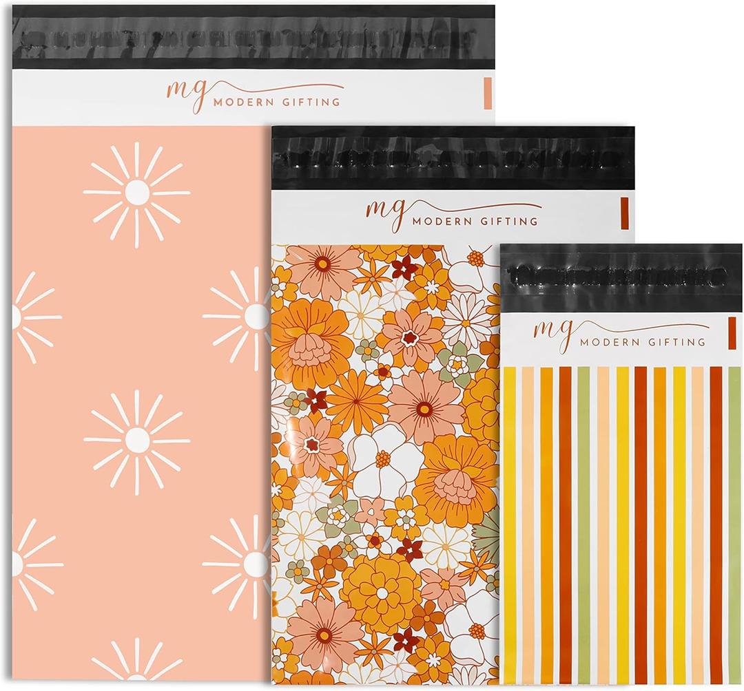 Eco Friendly Sustainable Poly Mailers, Multiple Sizes Variety 75 Pack (25 Each: 6x9, 9x12, 12x15) Different Assorted Sized Shipping Bags, Retro Vintage Spring Envelopes (Groovy Boho)