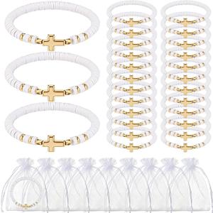 Ferreve 30 Sets Cross Bracelets Bulk Baptism Party Favors First Communion Gifts Christian Jesus Elastic Beaded Wristbands Religious Bracelets for Baptism Church Wedding Easter Gift