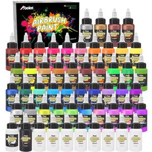 ABEIER Airbrush Paint Set - 46 Colors (30ml/1oz) with 8 Thinners, Ready to Spray Non-Toxic Acrylic Air Brush Paint for Models, Shoes, Canvas, Wood, Leather & Nails - 54 Bottles Total
