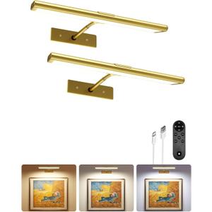 EZVALO Picture Light for Wall, 4800mAh Rechargeable Wireless Remote, Dimmable Magnetic LED Art Display Light with 3 Color Temperatures, for Gallery, Living Room, Bedroom, Hallway (Gold-2Pack)