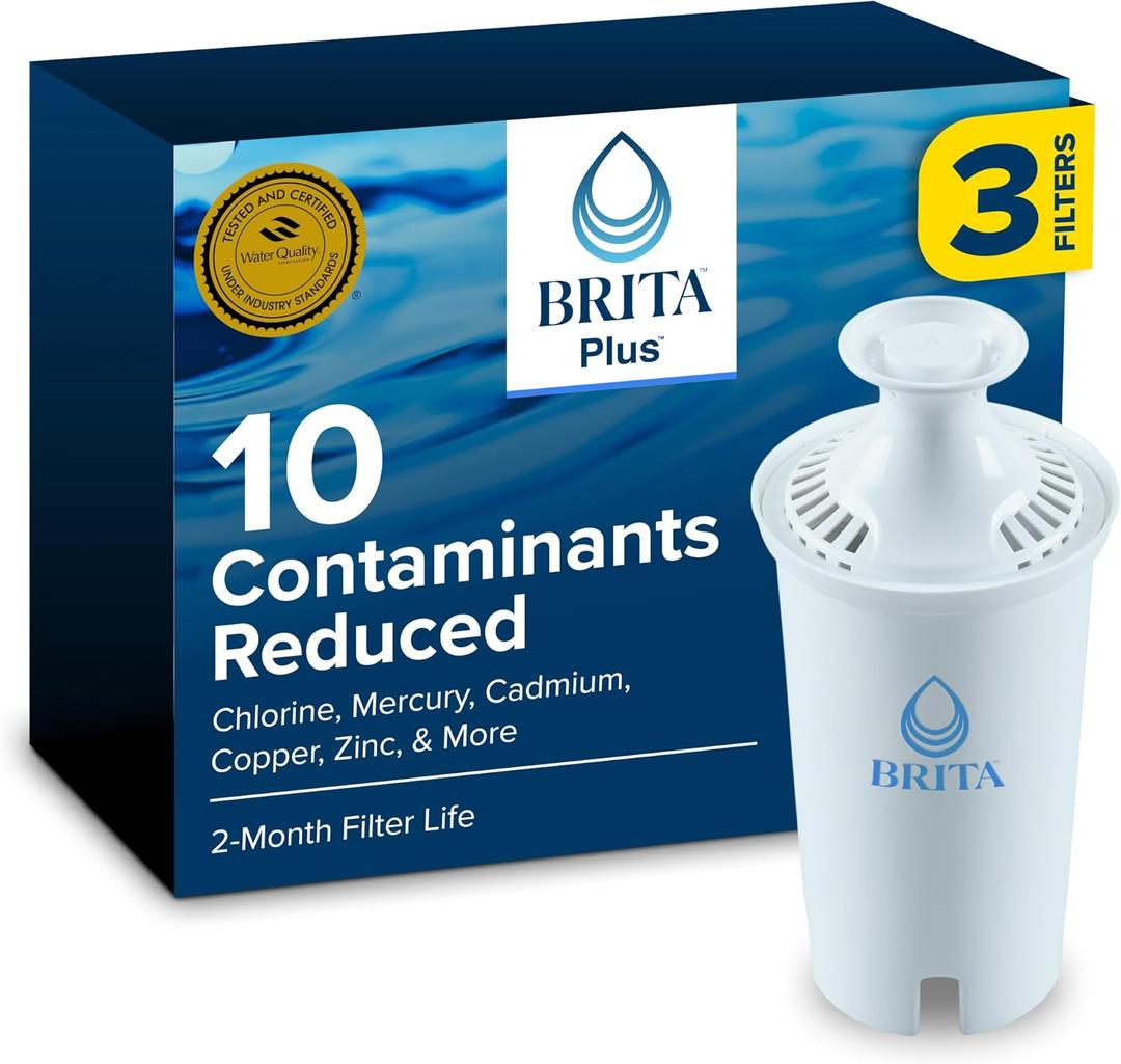 Brita Plus Water Filter, BPA-Free, High-Density Replacement Filter for Pitchers and Dispensers, Reduces 2x Contaminants*, Lasts Two Months or 40 Gallons, Includes 3 Filters