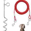 Supet Dog Tie Out Cable and Stake 32/16/10 ft Outdoor, Yard and Camping, for Medium to Large Dogs Up to 125 lbs, 16" Stake, 32/16/10 ft Cable with Durable Spring and Metal Hooks for Outdoor (Red)