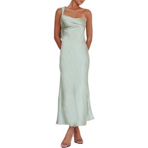 2026 Satin One Shoulder Maxi Dress for Women Summer Silk Formal Elegant Backless Ruffle Sleeveless Wedding Guest Dresses.  XS Size