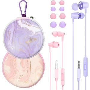 2 Packs of Aesthetic Earbuds Set with case for Kids and Teens for School, Wired Headphones with case and Small Ear Tips, Ear Buds, 3.5mm Earphones for Phone and PC Laptop(Pink-Purple)