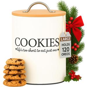 D'Lifeful Cookie Jar with Airtight Bamboo Lid  1.1 Gallon Cute and Decorative Cookie Storage for Kitchen Countertop  Farmhouse Storage Tin for Freshness  Great Gift Idea