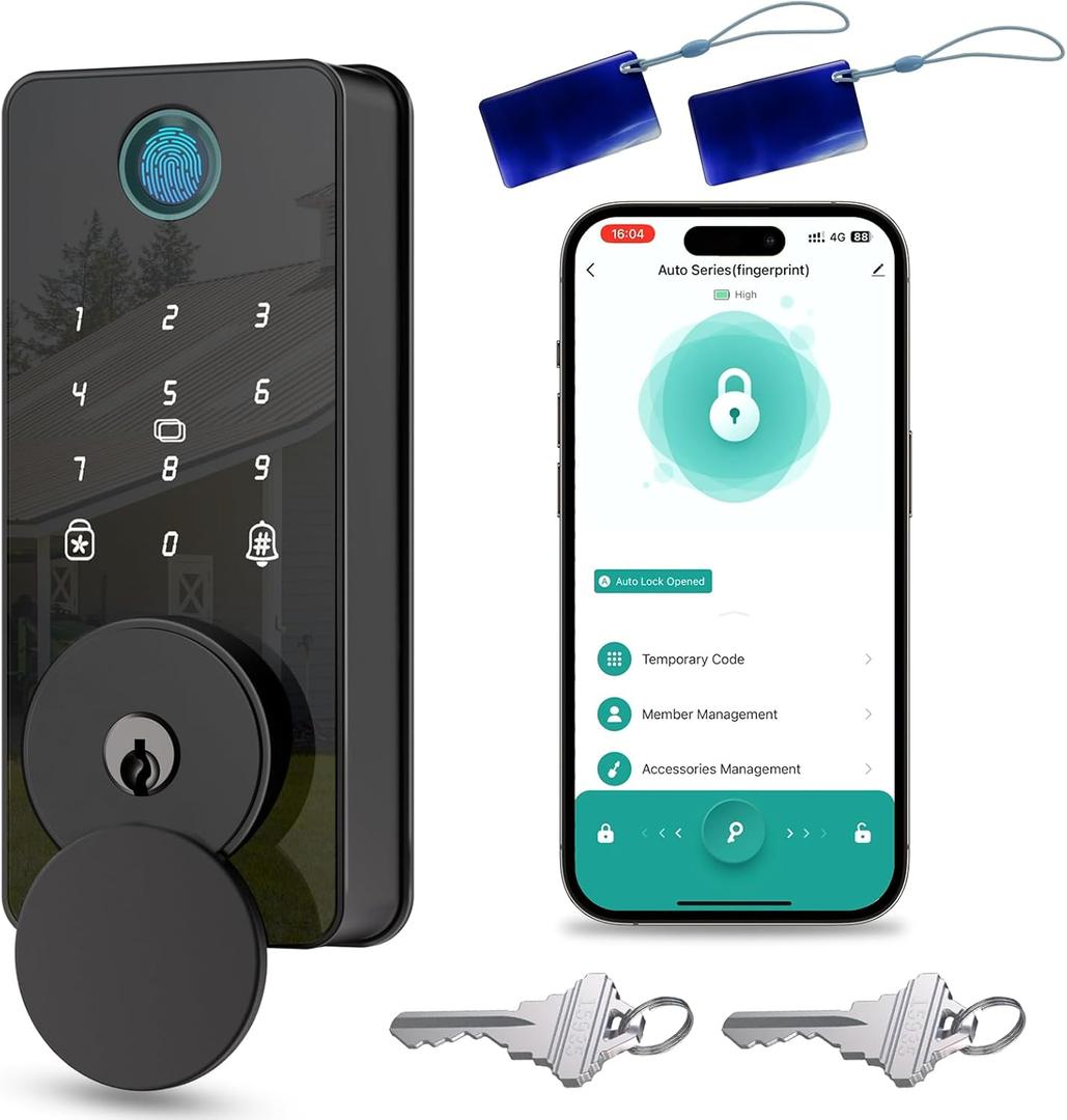 Keyless Entry Door Lock, Fingerprint Door Lock, Smart Door Lock with Keypad, Auto & One Touch Lock | Smart Locks for Front Door | Easy Installation | Exact Fingerprint | App Control | 12-Month Battery (Glossy Black)