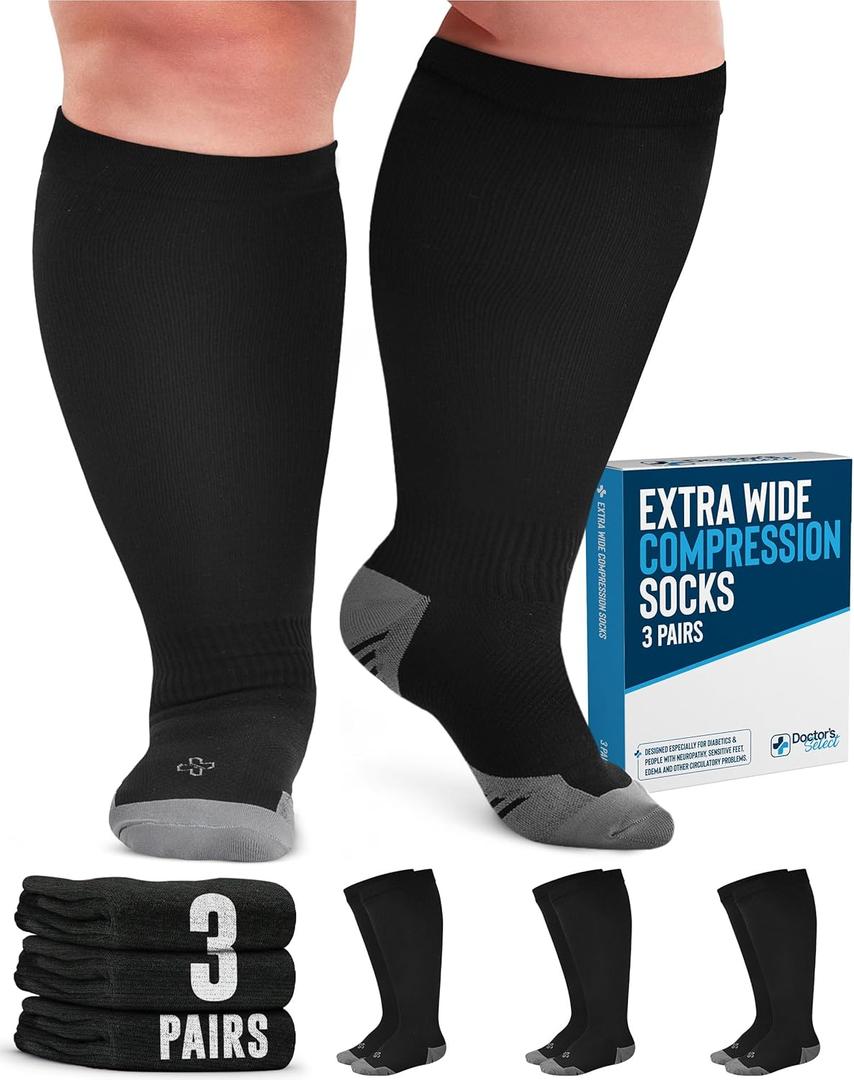 Doctor's Select 3 Pairs Plus Size Compression Socks Wide Calf - Up to 6XL | 20-30 mmHg Compression Socks for Women Wide Calf (4X-Large)