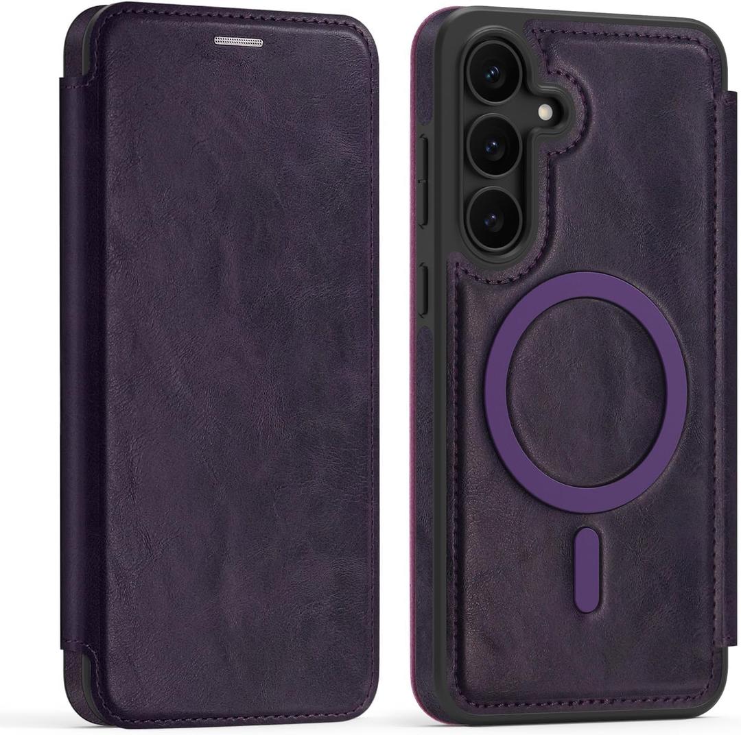 Lunivop Compatible with Samsung Galaxy S25 FE Case 2025 6.7 '' Flip Cover PU Leather RFID Blocking Card Holder Wallet Compatible with Magsafe Magnetic Phone Case for S25 FE (Purple)
