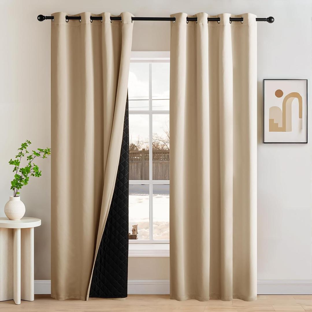 NICETOWN Thermal Insulated Blackout Curtains 96 inches Long for Bedroom Living Room, Farmhouse Thermal Insulated Window Room Darkening Drapes with Black Liner, 52 x 96 Inch, 2 Panels, Biscotti Beige