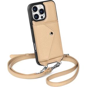 LUCKYCOIN for iPhone 16 Pro Max Case for Women,Crossbody Wallet Phone Case with Expandable Flip Card Holder,Genuine Leather Phone Purse with Strap,Compatible with iPhone 16 Pro Max 6.9" 2024 Beige