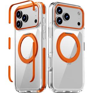 Magnetic for iPhone 17 Pro Max Case with 360° Spin Stand, Compatible with MagSafe, Military-Grade Protection, Detachable Strip, Anti-Yellowing Clear Phone Case for iPhone 17 Pro Max 6.9" Orange
