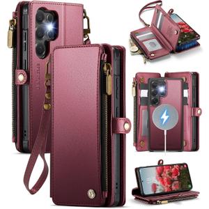 Defencase for Samsung Galaxy S23 Ultra Magnetic Wallet Case Compatible with Magsafe with RFID Blocking Zipper & Card Holder Women, PU Leather Detachable Phone Case for Galaxy S23 Ultra 6.8", Wine Red