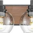 Bathroom Light Fixtures, 4-Light Black and Faux-Wood Finish Bathroom Vanity Light, 26 Inch Farmhouse Wall Sconces with Globe Clear Glass Shade, Vanity Lighting Fixtures Over Mirror, VL195-WB-4,  Black and Faux-Wood, Clear Glass