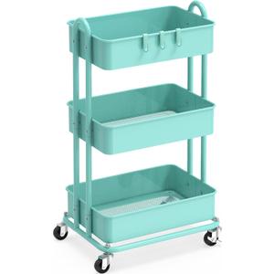 Simple Houseware 3-Tier Heavy Duty Metal Utility Rolling Cart, Turquoise
