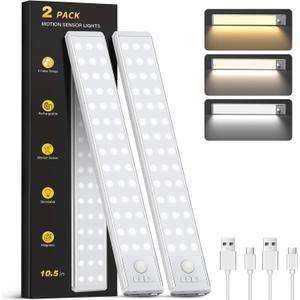 10.5" Under Cabinet Lighting, Wireless Motion Sensor Light Indoor with 3 Color Temps, Magnetic Closet Light, Dimmable Led Light, Rechargeable Under Counter Lights for Kitchen, Bedroom, Stair, 2 Pack