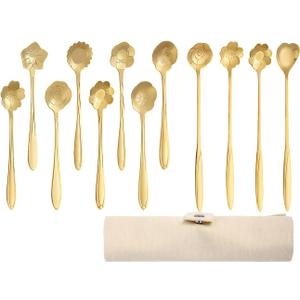 12 Pcs Flower Coffee Tea Spoons Set with Storage Bag, 4 Long & 8 Short Stainless Steel Teaspoons for Sugar Dessert Ice Cream Stirring, Cute Fancy Tableware for Tea Party Kitchen Cafe Bar(Gold)