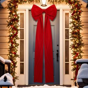 Knitgrip Extra Large Christmas Front Door Bow Decorations 27 x 78 Inch Giant Velvet Christmas Tree Topper Bow with Long Streamers Wreath Wall Decor for Home Xmas Room Holiday Porch(Red)