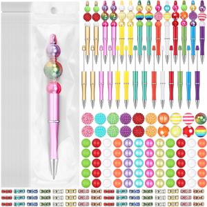 Cholemy 24 Sets Assorted Plastic Beadable Pens Multicolor Bubblegum Crystal Spacer Beads Black Ink Ballpoint DIY Bead Pen Set for Women Office Gifts(Beautiful)