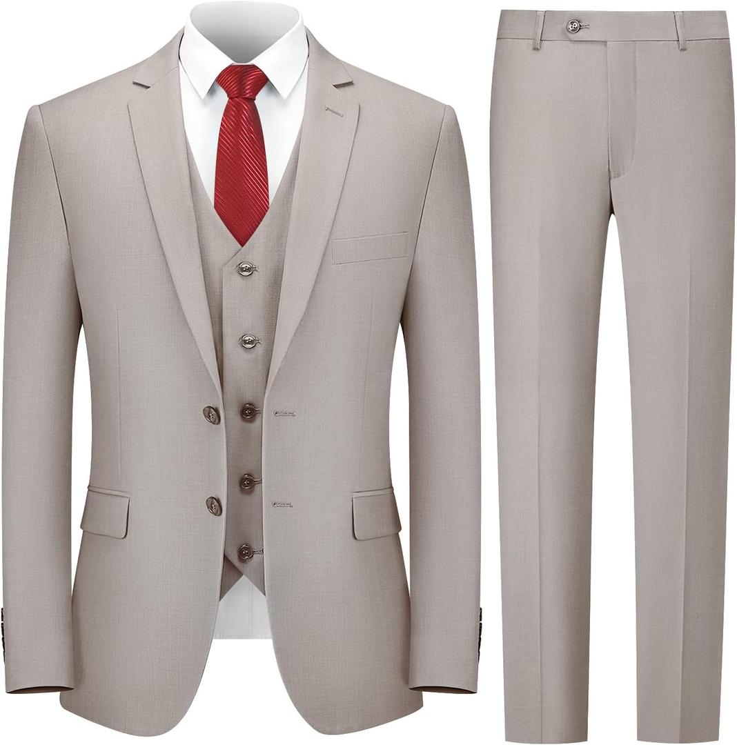 Cooper & Nelson 3 Piece Mens Suit Set, Slim Fit Suit for Men, Solid Jacket, Vest, Pants and Tie (4X-Large, Beige)