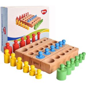 BOHS Montessori Knobbed Cylinders Blocks - 6 Pegs / 6.7 Inches - Colorful Wooden Early Home School Toys - 4 pcs Set