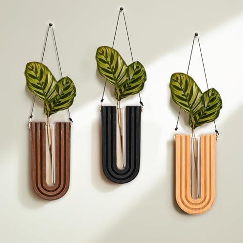 HINMAYGO 3 Pack Wood Wall Planter Indoor, Boho Wood Hanging Vase, Wall Decor Plant Holders, Modern Home Decor for Dried Flowers Living Room Bedroom Kitchen Home Farm (Black Brown Wooden)