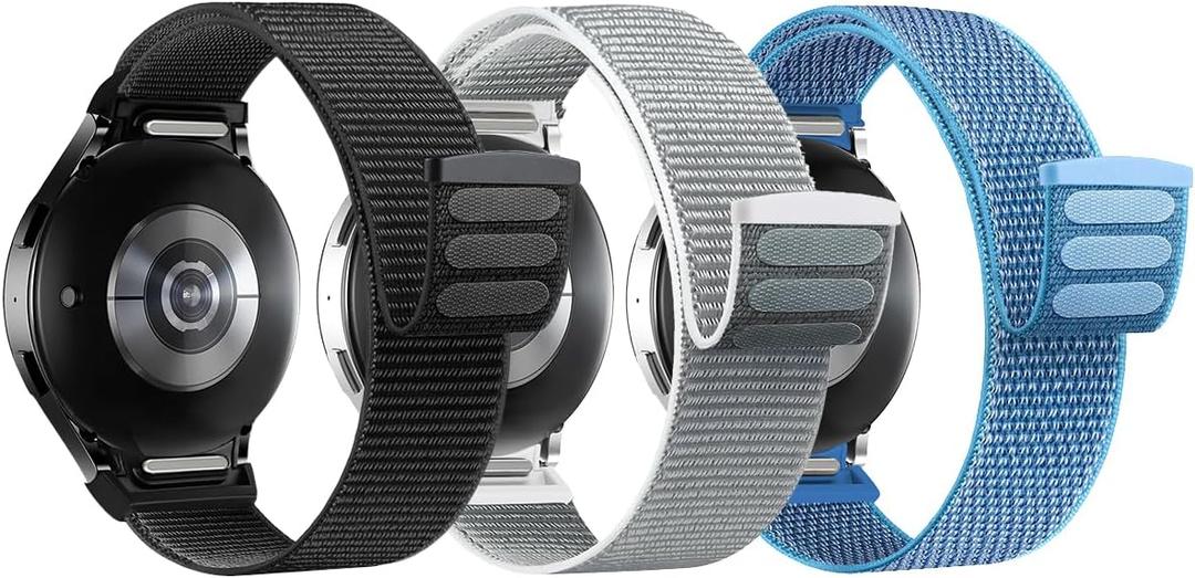 One Click No Gap Band Compatible with Samsung Galaxy Watch 7 6 5 4 Band 40mm 44mm, Galaxy Watch 6 Bands 47mm 43mm 42mm 46mm/Watch 5 Pro 45mm Band, 20mm Soft Nylon Sport Strap for Women Men (Black-SeaBlue-SeaShell)