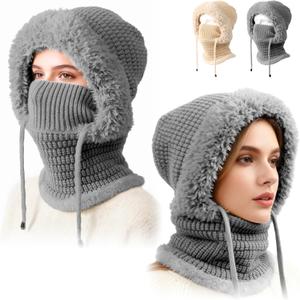 3 in 1 Beanie Hat for Women, Womens Balaclava Winter, Upgraded 3-in-1 Cold Knitted Hats Wind Resistant Hooded Scarf (Gray)
