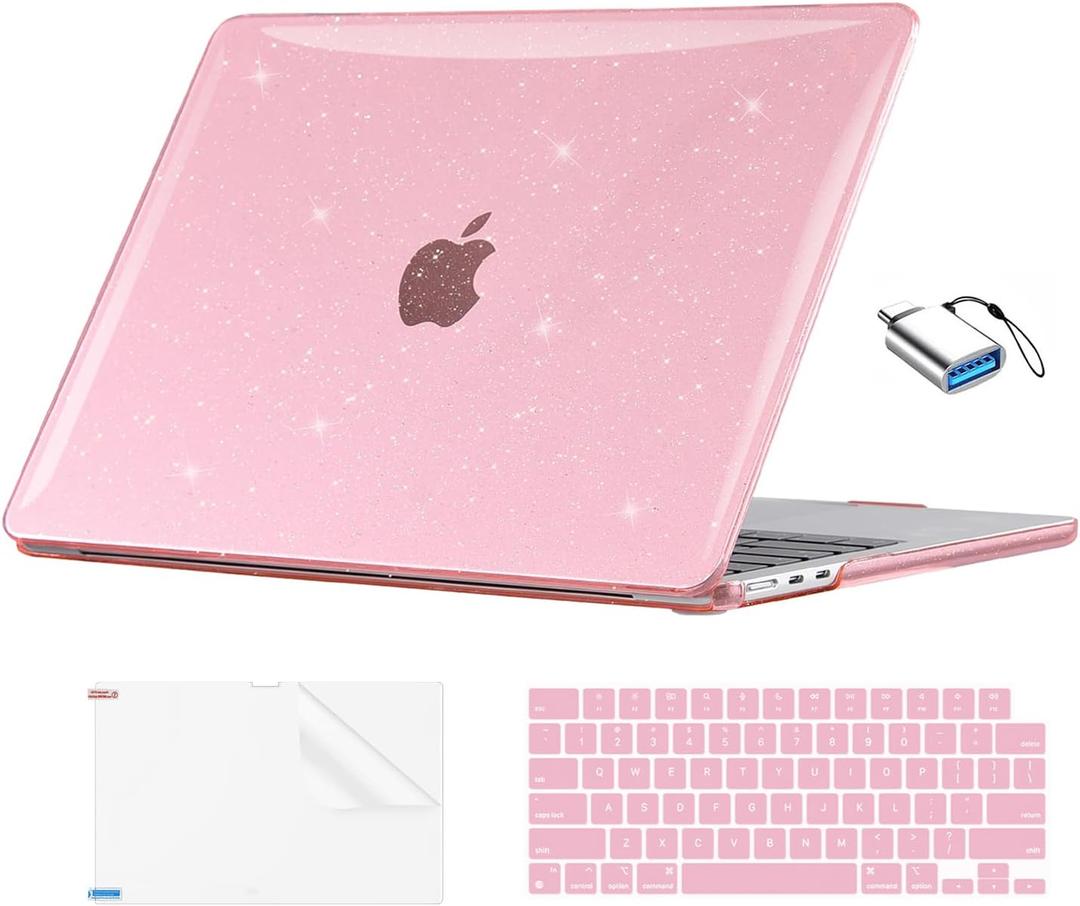 EooCoo Compatible with MacBook Air 13 inch Case M5 2026-2022 M4 M3 M2 Model A3449 A3240 A3113 A2681, Mac Air 13.6 inch Hard Shell & Keyboard Cover & Screen Film & Type-C, Sparkly Pink
