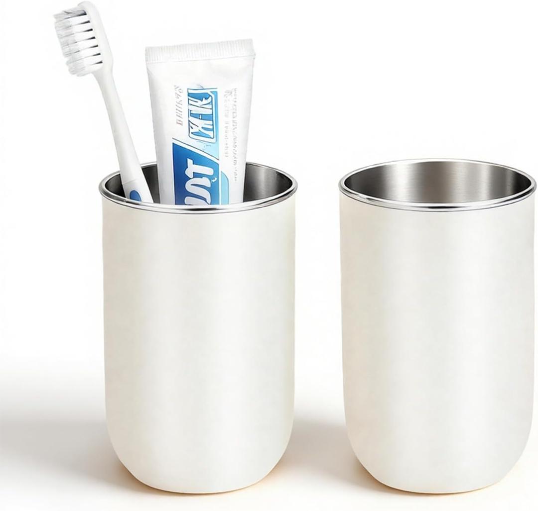 Stainless Steel Toothbrush Cup Holder 13oz, Unbreakable Reusable Kids Bathroom Tumbler Cup & Tooth Brush Holder Organizer for Shower, Countertop Toothpaste Storage Holder Set, White 2 Pack