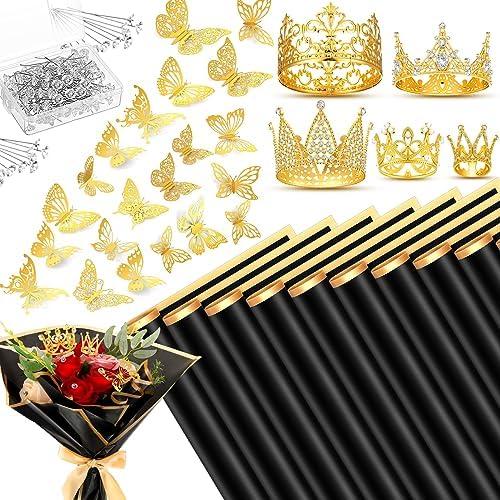 Seajan 193Pcs Graduation Flower Bouquet Accessories, 40 Flower Wrapping Paper 5 Mini Crowns 48 3D Gold Butterfly Wall Decor and 100 Corsage Bouquet Pins for Women Graduation Wedding Birthday(Black), Set Of 2