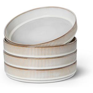 E-far Pasta Bowls Set of 4, 35oz Large Salad Bowl Plate for Dinner Serving Soup, Wide & Shallow Ceramic Stoneware Pasta Plates, Microwave & Dishwasher Safe, Reactive Glaze Texture-Stripe, Creamy Beige