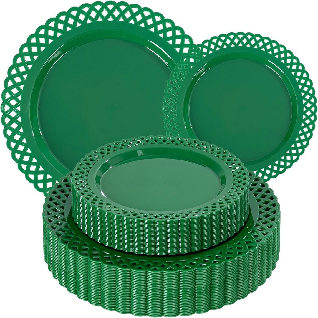 COLOSUS 60Pcs Green Plastic Plates, Fancy Green Scallop Plates, Heavy Duty Lace Hollowed Out Plate include 30 Dinner plate 10 and 30 Salad/Dessert plate 7.5for Party