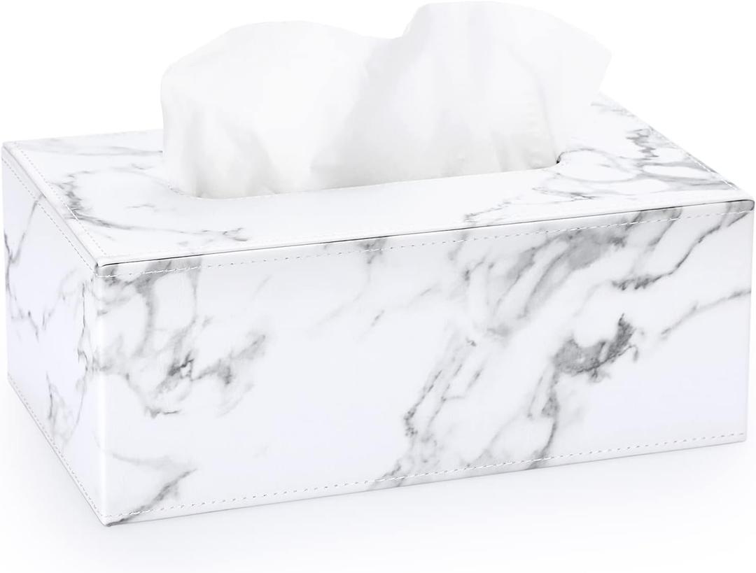 Sumnacon Rectangular Leather Tissue Box Cover - Stylish Tissue Box Holder with Magnetic Bottom, Decorative PU Tissue Box for Vanity Dresser Night Stand Table Countertop Home Office Car, Marble White (Medium)