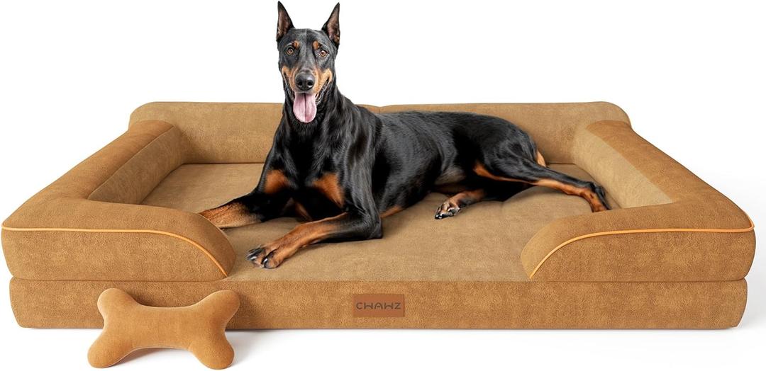 CWAWZ XXL Dog Bed for Extra Large Dogs, Giant Orthopedic Dog Bed with Cooling Gel Memory Foam, Waterproof Pet Bed with Removable Washable Cover, 53" Pet Sofa Bed Dutch Velvet with Bone Toy, Brown