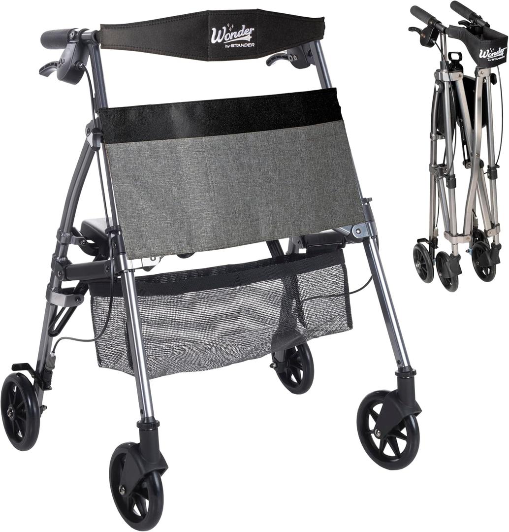 Stander Wonder Rollator Plus Short, Lightweight Junior Folding Mobility Aid for Petite Adults, Seniors, and Elderly, Collapsible Travel Rolling Walker with Four Wheels and Seat, Black Walnut