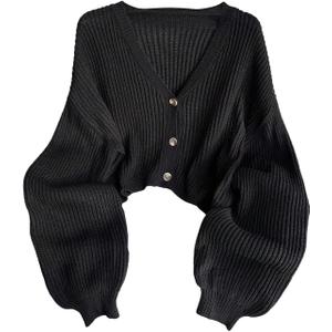 RoseSeek Women's Plus Size Cropped Cardigan Ribbed Knit Button Down V Neck Sweaters Long Sleeve Cardigans Outerwear (Black, XL)