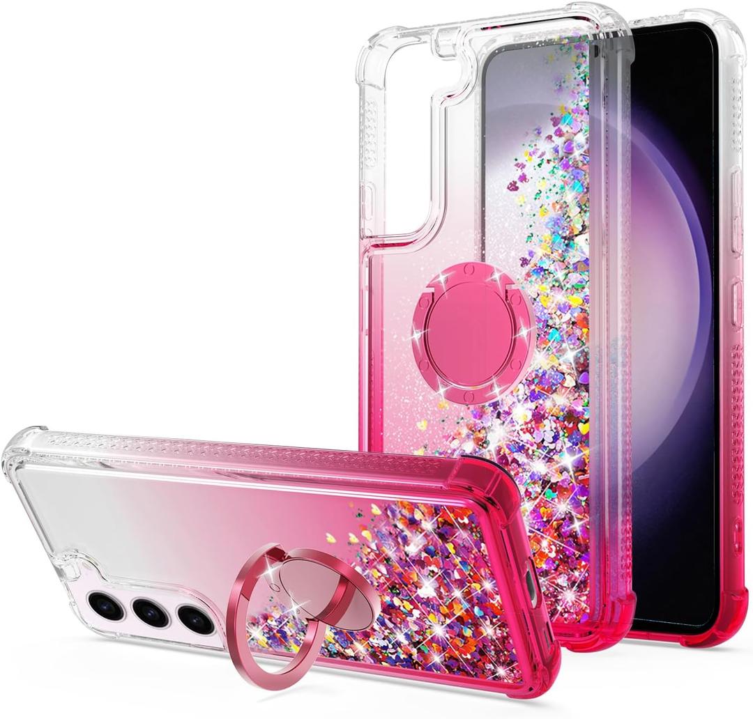 for Galaxy S23 Case,Bling Moving Liquid Floating Sparkle Colorful Glitter Waterfall TPU Protective Case with Rotation Ring Kickstand for S23 [6.1 inch 2023], HotPink