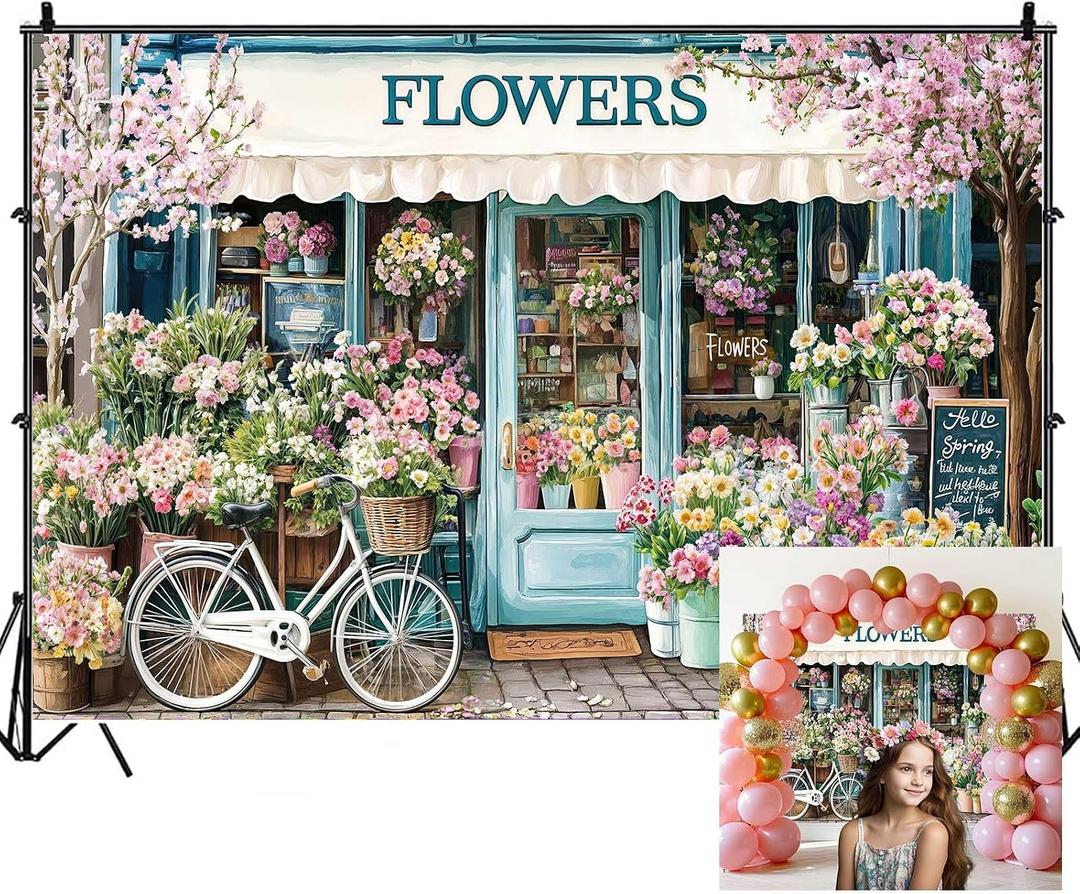 7x5ft Flowers Shop Backdrop Spring Pink Floral Wall Photography Background Hello Spring Decorations Banner for Tea Party Cake Table Birthday Baby Shower Photo Props