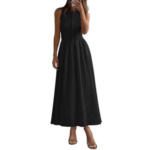 PRETTYGARDEN Maxi Dresses for Women 2025 Summer Casual Sleeveless Patchwork Flowy Vacation Sundress Knit Long Work Tank Dress(Black,Small)