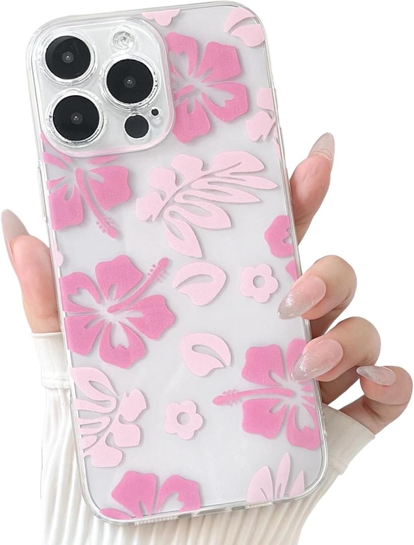 NITITOP Compatible with iPhone 16 Pro Case Clear Cute Aesthetic Floral Flower Hibiscus Pattern for Girls Women Soft TPU Full Camera Lens Shockproof Protective Phone Cover - Pink2