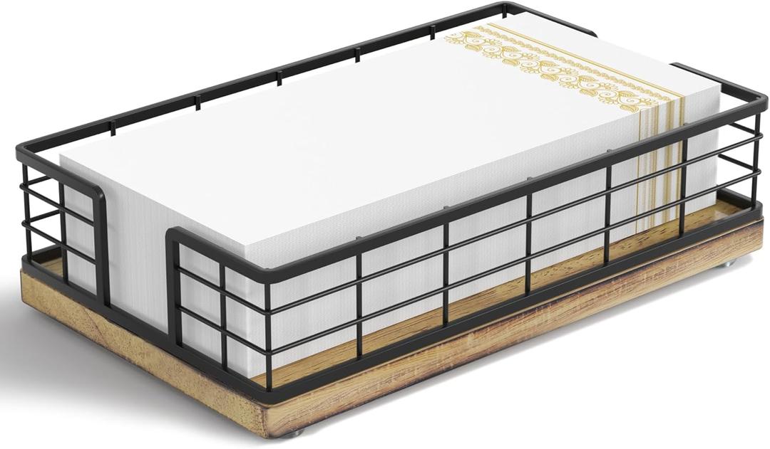 Wican Guest Towel Holder Tray for Bathroom, Oak and Iron Napkins Holder for Powder Room Dinning Table Wooden Basket for Disposable Paper Hand Towels Black and Farmhouse Brown (9.06 x 5.51 x 2.56 inchs)