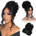 REECHO Messy Bun Hair Piece with Bangs - 2-in-1 Hair Bun Hairpieces Curly Updo Wig & Hair Topper with Long Side Bangs Natural-Looking Drawstring Ponytail Extension for Women - Black